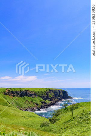 Summer Pacific Ocean as seen from Cape and Flower Mist Highway Observatory in Akkeshi Town, Hokkaido 129629926