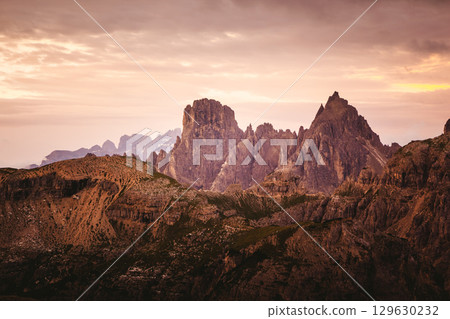 Italian Alps and Cadini di Misurina range in the morning. National Park Tre Cime di Lavaredo, Dolomites, Italy, Europe. 129630232
