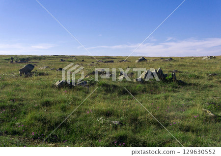 rocky alpine meadow on a plateau with rocks among grass rocky alpine meadow on a plateau with rocks among grass 129630552