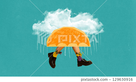 Contemporary collage. Legs in black shoes with flowers under orange umbrella in surreal rain scene 129630916