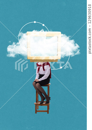 Graphic composition. Woman with computer monitor head surrounded by clouds on blue background Graphic composition. Woman with computer monitor head surrounded by clouds on blue background 129630918