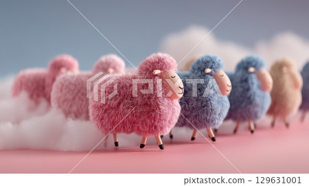 Insomnia and sleep disorder concept, Colorful sheep figures walking on a pastel background with clouds. 129631001