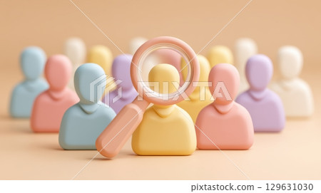 Job hiring recruitment and human resource concept, Colorful silhouettes with a magnifying glass highlighting one figure. 129631030