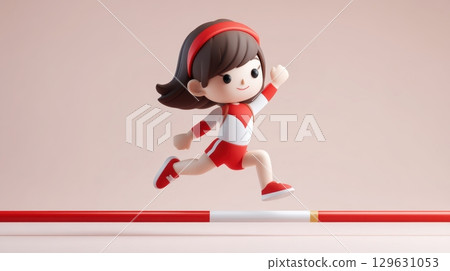 Women in sport concept, Playful cartoon girl running over a hurdle in sporty attire. 129631053