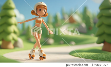Women in sport concept, Colorful cartoon girl roller skating in a scenic park setting. 129631076