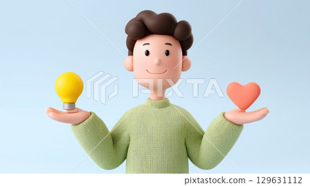 Best job candidate concept, Character holding a light bulb and heart symbolizing ideas and emotions. Best job candidate concept, Character holding a light bulb and heart symbolizing ideas and emotions. 129631112