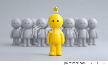Best job candidate concept, A standout yellow figure among gray ones with a star above its head. 129631132
