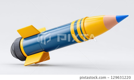 Anti war and peace concept, Rocket-shaped colored pencil with blue tip and yellow accents. 129631220
