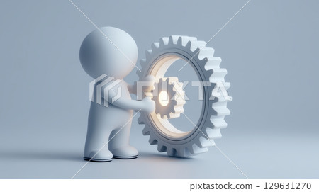 Best job candidate concept, 3D figure interacting with a gear in a minimalist setting. 129631270