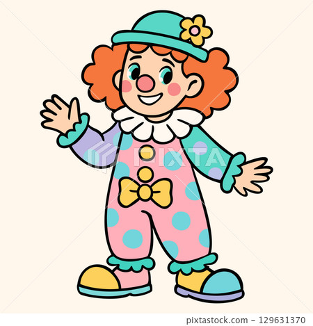 Cute clown. Little redhead girl in clown costume. Vector isolated illustration Cute clown. Little redhead girl in clown costume. Vector isolated illustration 129631370