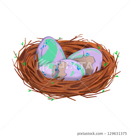 Brown twig nest with three purple and green dragon eggs on white background. Watercolor illustration. Suitable for children books, fantasy themes, postcards, stickers, posters, educational materials. 129631375