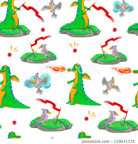Seamless pattern with green dragons, grey birds, red flags and islands on white. Watercolor illustration. Use for children products, textiles, gift paper, wallpaper, posters and cards and book design. 129631378