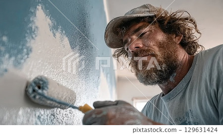 Painter using paint roller, applying white paint on blue wall 129631424