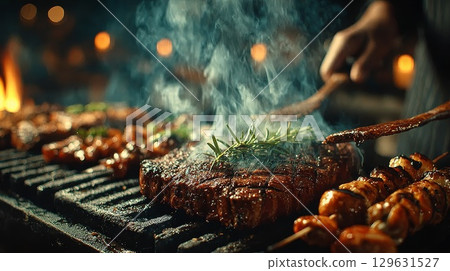 Chef grilling delicious steak on barbecue with rosemary 129631527