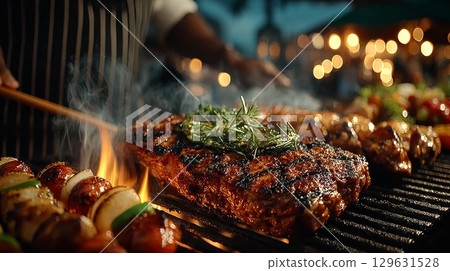 Chef grilling delicious steak and vegetables on barbecue at night 129631528