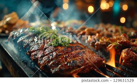 Delicious bbq ribs grilling on a hot grill with flames and smoke 129631529