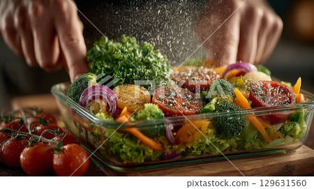 Chef sprinkling spices on fresh vegetables before baking 129631560