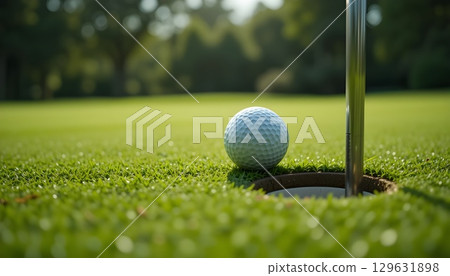 Golf Ball on Green Field at a Distance from Hole Ultra Realistic Close-Up. 129631898