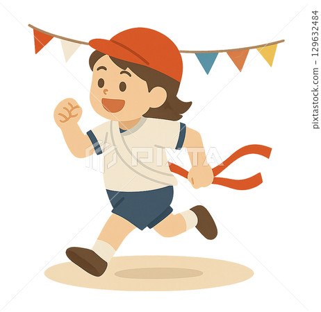 運動會女孩衝過終點線紅隊插畫 129632484