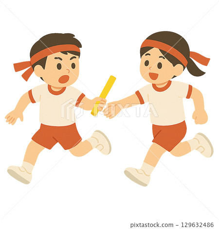 運動會中男女傳遞接力棒的插圖 129632486