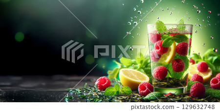 Glass of herbal tea on green background. Fresh ingredients including lemon, ginger, tea leaves. Healthy detox drink concept. Ideal for nutrition blogs, organic product advertising, and menu design. 129632748