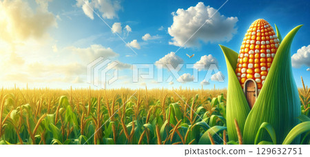 Corn cob house with wooden door in the middle of a cornfield under blue sky with clouds. Digital illustration. Summer countryside and farming lifestyle concept. Design for banner, 129632751