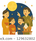 一家人仰望滿月的插圖（穿著和服） 129632802