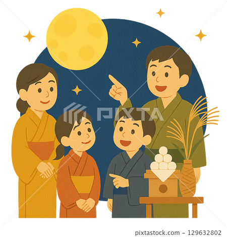 一家人仰望滿月的插圖（穿著和服） 129632802