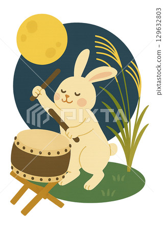 賞月會上,一隻兔子在演奏日本鼓 賞月會上,一隻兔子在演奏日本鼓 129632803