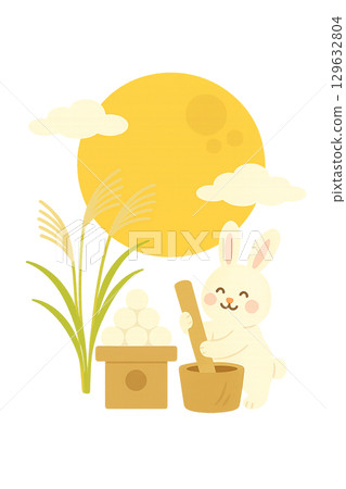 兔子在滿月下製作麻糬的賞月插畫 129632804