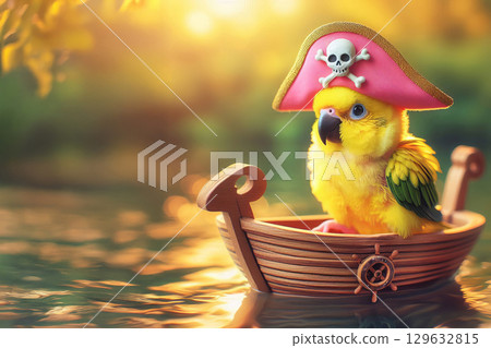 Yellow and green parrot wearing pirate hat with skull and crossbones sitting in wooden toy boat on water. Digital illustration. Pirate bird and adventure theme concept. Design for postcard, greeting 129632815