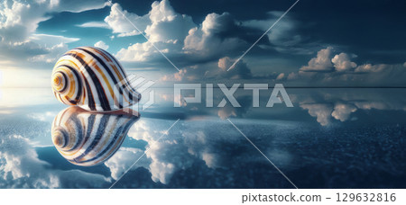 Striped seashell on reflective water surface with clouds in the sky. Summer vacation and travel concept. Design for poster, print, wallpaper, postcard, banner with copy space 129632816