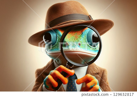 Realistic frog wearing hat inspecting foliage with magnifier. Perfect for product packaging, entertainment branding, screensavers, and high-res advertising illustrations. 129632817