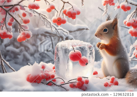 Squirrel in snowy winter forest with red berries and ice cube. Frosty branches covered in snow. Wildlife and nature in wintertime. Christmas and holiday season concept for design and print Squirrel in snowy winter forest with red berries and ice cube. Frosty branches covered in snow. Wildlife and nature in wintertime. Christmas and holiday season concept for design and print 129632818