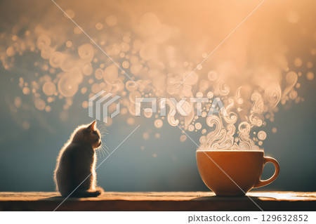 琥珀日落咖啡館——一隻貓在木桌旁打瞌睡，熱氣騰騰的咖啡，還有一個番茄工作法計時器 129632852