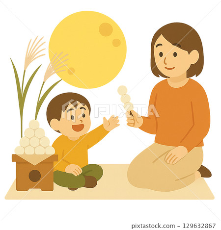 Moon-viewing illustration of parents and children enjoying dumplings 129632867