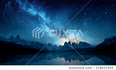 Mysterious night scenery with snowy mountains in the background 129632956