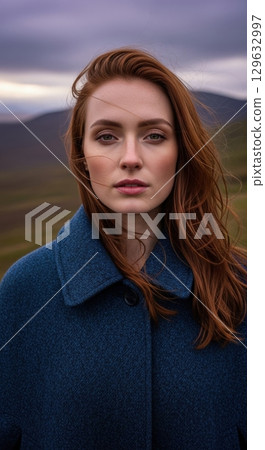 Beautiful redhead woman with green eyes in a blue coat outdoors in a moody landscape 129632997
