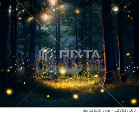 Fireflies dancing in the dark forest 129633100