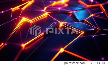 Neon Geometric Pattern with Fluorescent Glow in 80s Futuristic Style 129633101