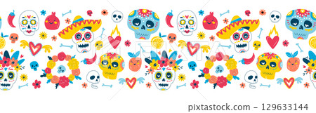 Colorful Dia de los Muertos Folk Seamless Frame Border Pattern, Sugar Skulls, Skeletons, Flowers 129633144