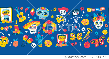 Colorful Dia de los Muertos Seamless Pattern, Sugar Skulls, Skeletons, Flowers Colorful Dia de los Muertos Seamless Pattern, Sugar Skulls, Skeletons, Flowers 129633145