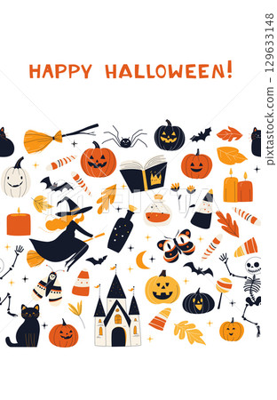 Seamless Halloween horizontal Frame Border Pattern with Witches, Pumpkins, Cats and Castle Cute Flat Vector Seamless Halloween horizontal Frame Border Pattern with Witches, Pumpkins, Cats and Castle Cute Flat Vector 129633148
