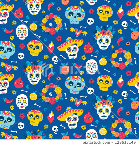 Colorful Dia de los Muertos Seamless Pattern, Sugar Skulls, Skeletons, Flowers Colorful Dia de los Muertos Seamless Pattern, Sugar Skulls, Skeletons, Flowers 129633149