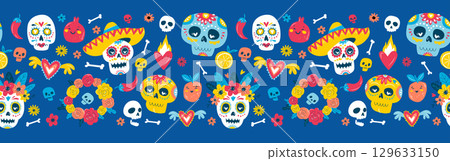 Colorful Dia de los Muertos Folk Seamless Frame Border Pattern, Sugar Skulls, Skeletons, Flowers Colorful Dia de los Muertos Folk Seamless Frame Border Pattern, Sugar Skulls, Skeletons, Flowers 129633150