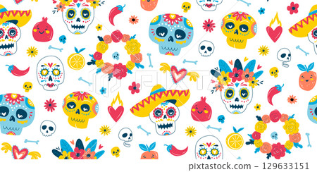 Colorful Dia de los Muertos Seamless Pattern, Sugar Skulls, Skeletons, Flowers 129633151