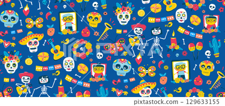 Colorful Dia de los Muertos Seamless Pattern, Sugar Skulls, Skeletons, Flowers Colorful Dia de los Muertos Seamless Pattern, Sugar Skulls, Skeletons, Flowers 129633155