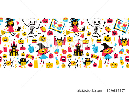 Cute Halloween Seamless horizontal Frame Border Pattern with Witch, Pumpkin, Bat and Skeleton Kids Doodle Style Cute Halloween Seamless horizontal Frame Border Pattern with Witch, Pumpkin, Bat and Skeleton Kids Doodle Style 129633171
