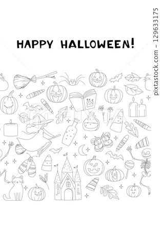 Seamless Halloween horizontal Frame Border Pattern with Witches, Pumpkins, Cats and Castle Cute Doodle Vector Seamless Halloween horizontal Frame Border Pattern with Witches, Pumpkins, Cats and Castle Cute Doodle Vector 129633175