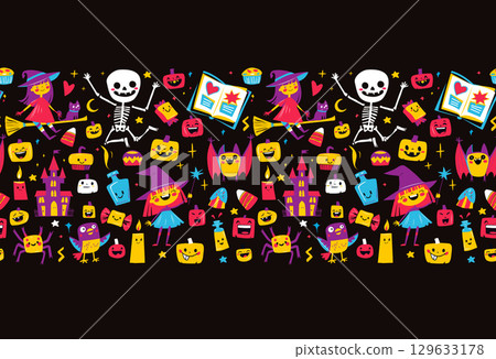 Cute Halloween Seamless horizontal Frame Border Pattern with Witch, Pumpkin, Bat and Skeleton Kids Doodle Style 129633178